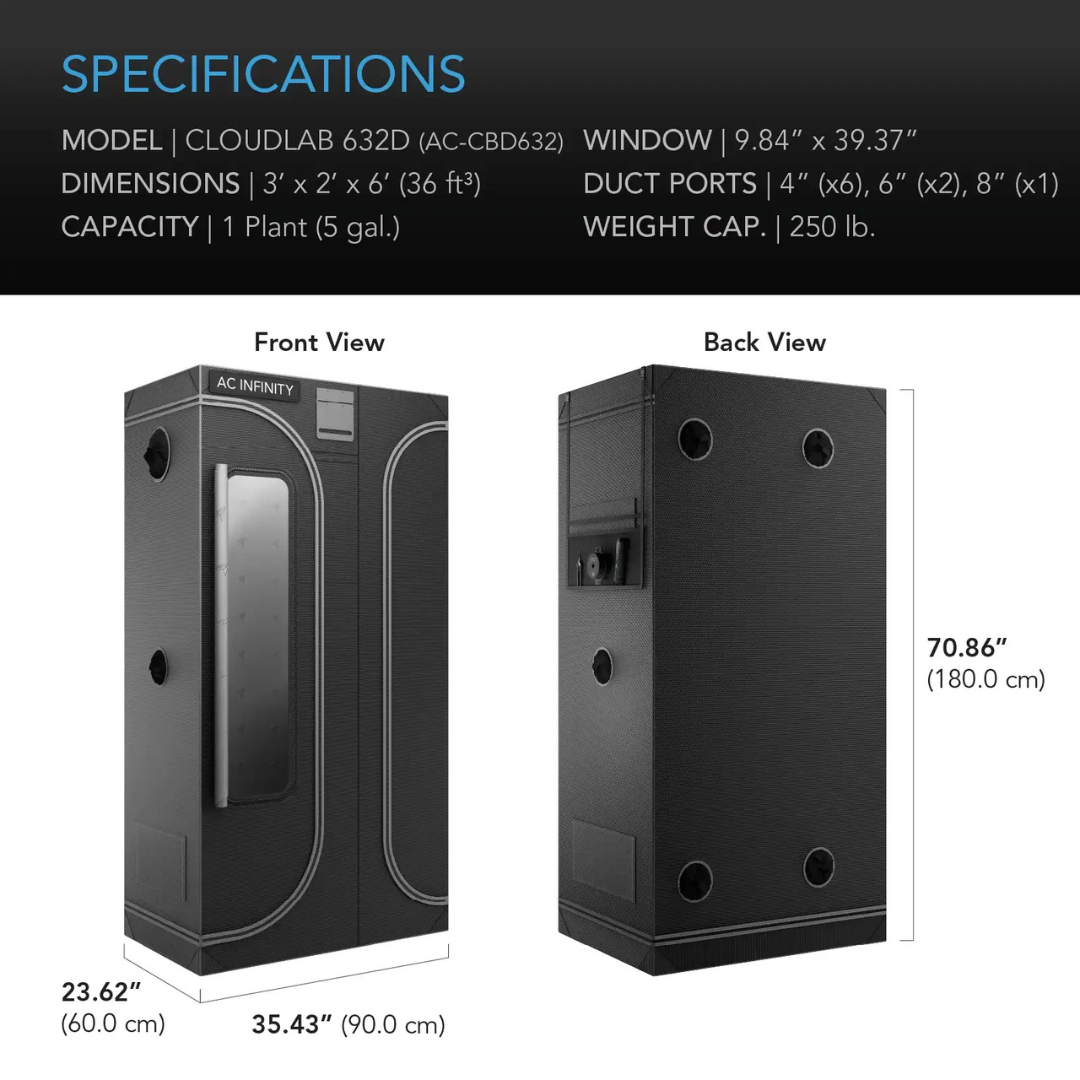 AC Infinity CLOUDLAB 632D, 2-in-1 Advance Grow Tent 3x2, Thickest Poles and Canvas 36" x 24" x 72"