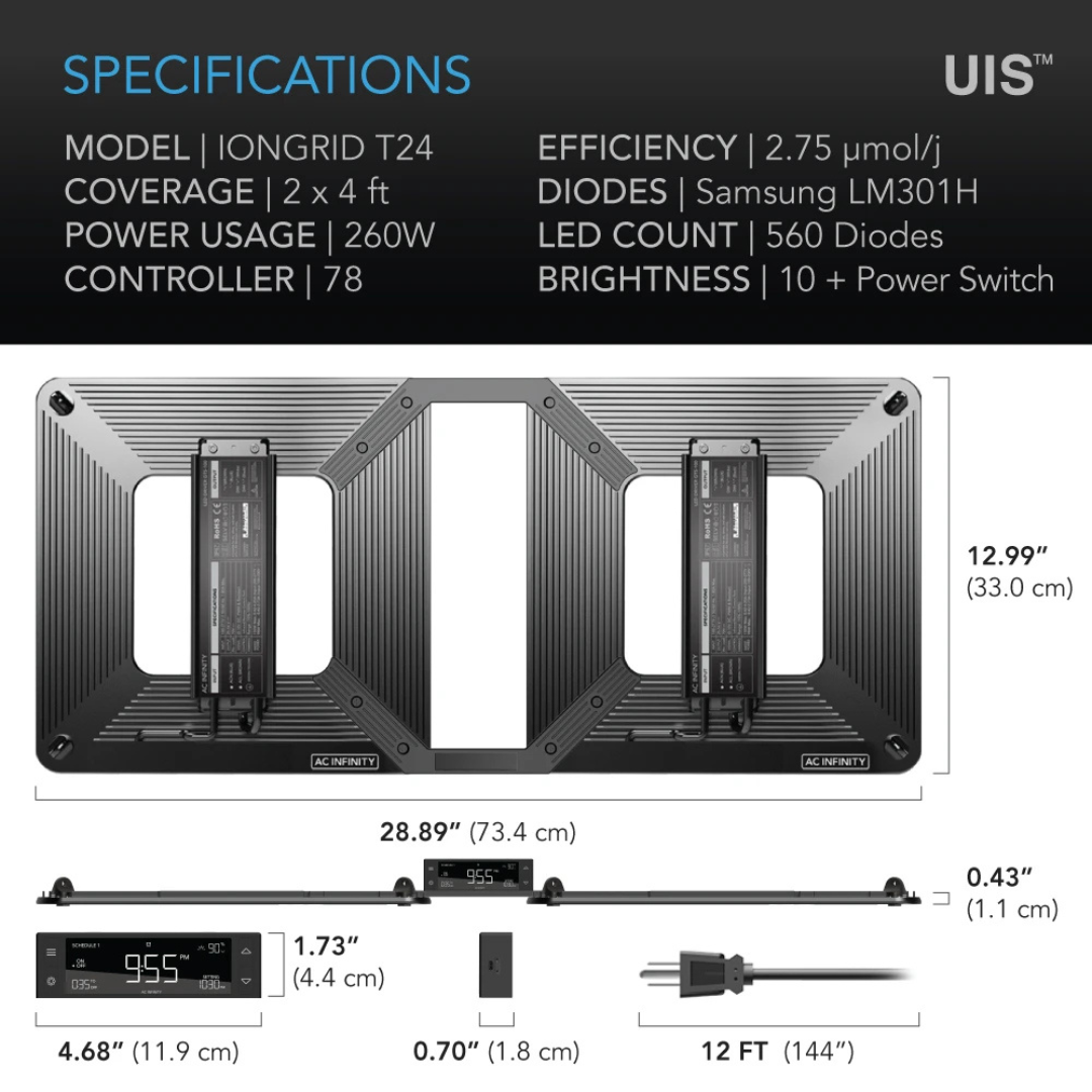 AC Infinity IONGRID T24, Grow Light 260W, Full Spectrum LED 2x4 Coverage