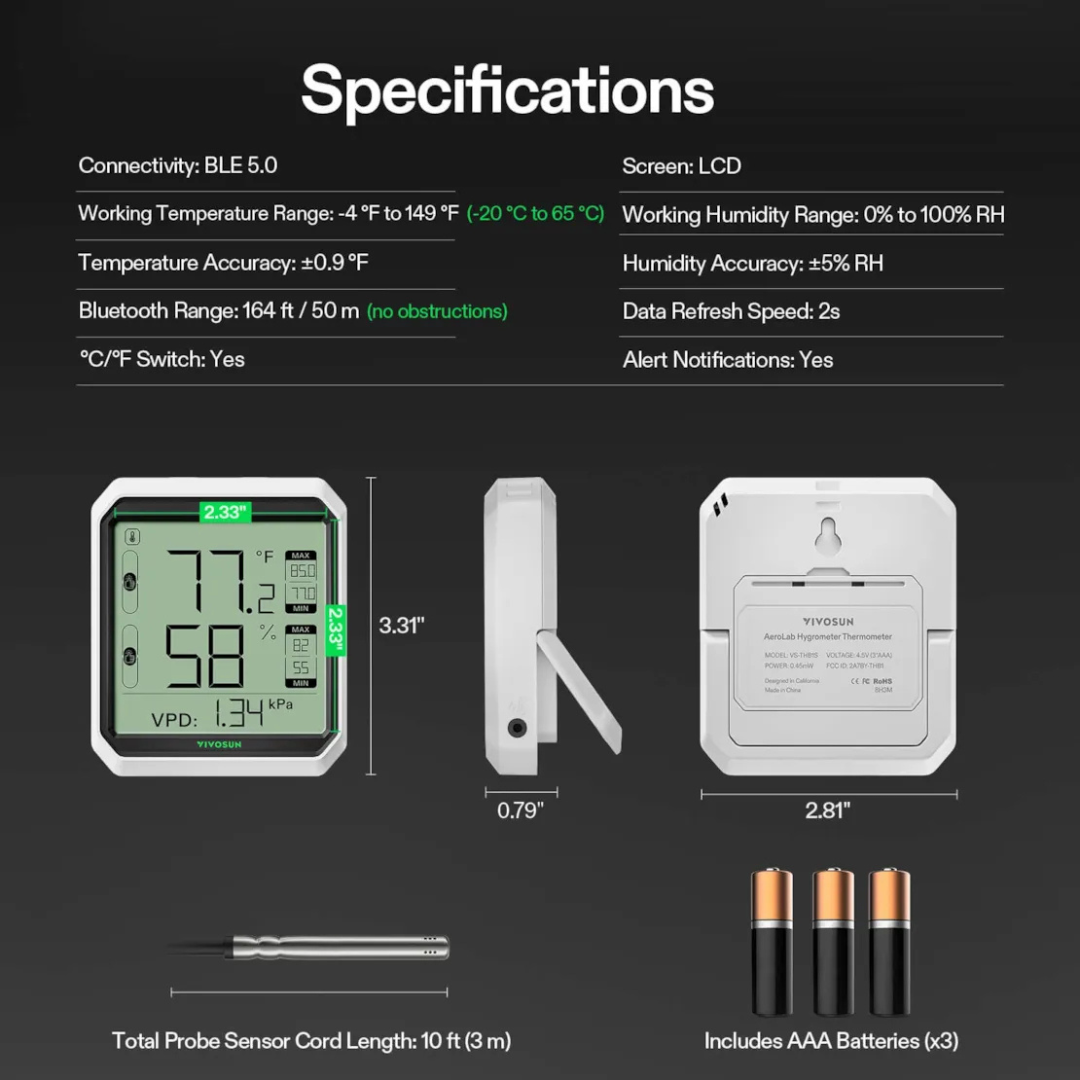 Vivosun AeroLab THB1S Bluetooth Hygrometer Thermometer, External Sensor Probe Included