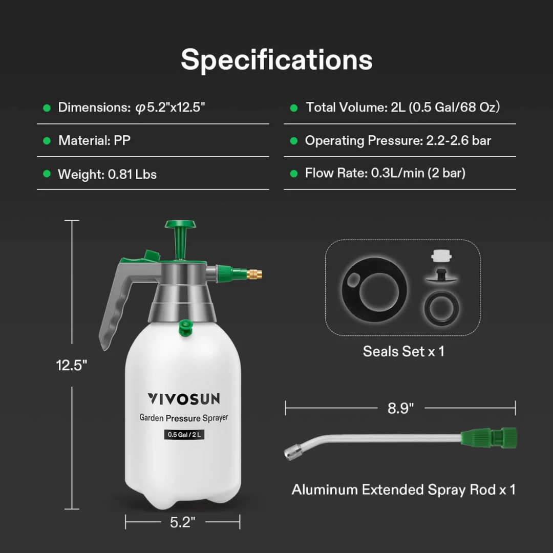 Vivosun 0.5Gal Handheld Garden Sprayer, 2L Pump Sprayer, 68 Oz Water Spray Bottle with Safety Valve