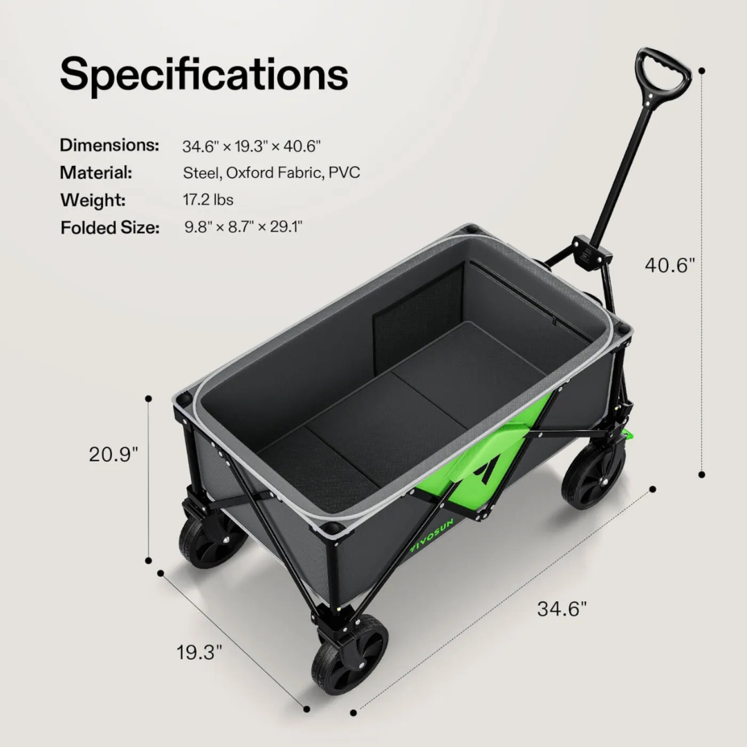Vivosun Collapsible Folding Wagon, Outdoor Utility with Silent Universal Wheels, 110L, Grey & Green