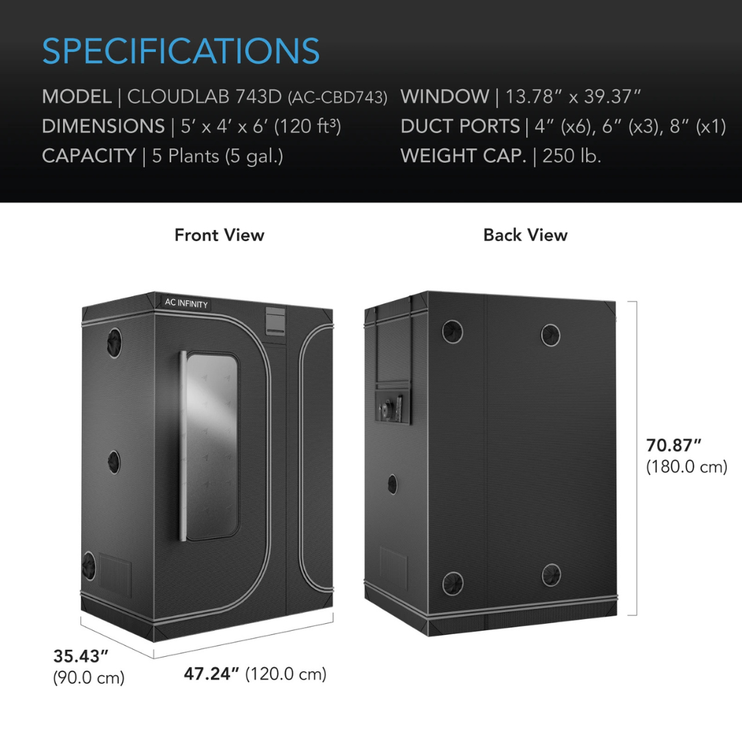 AC Infinity CLOUDLAB 743D, 2-in-1 Advance Grow Tent 4x3, Thickest Poles and Canvas 48" x 36" x 72"