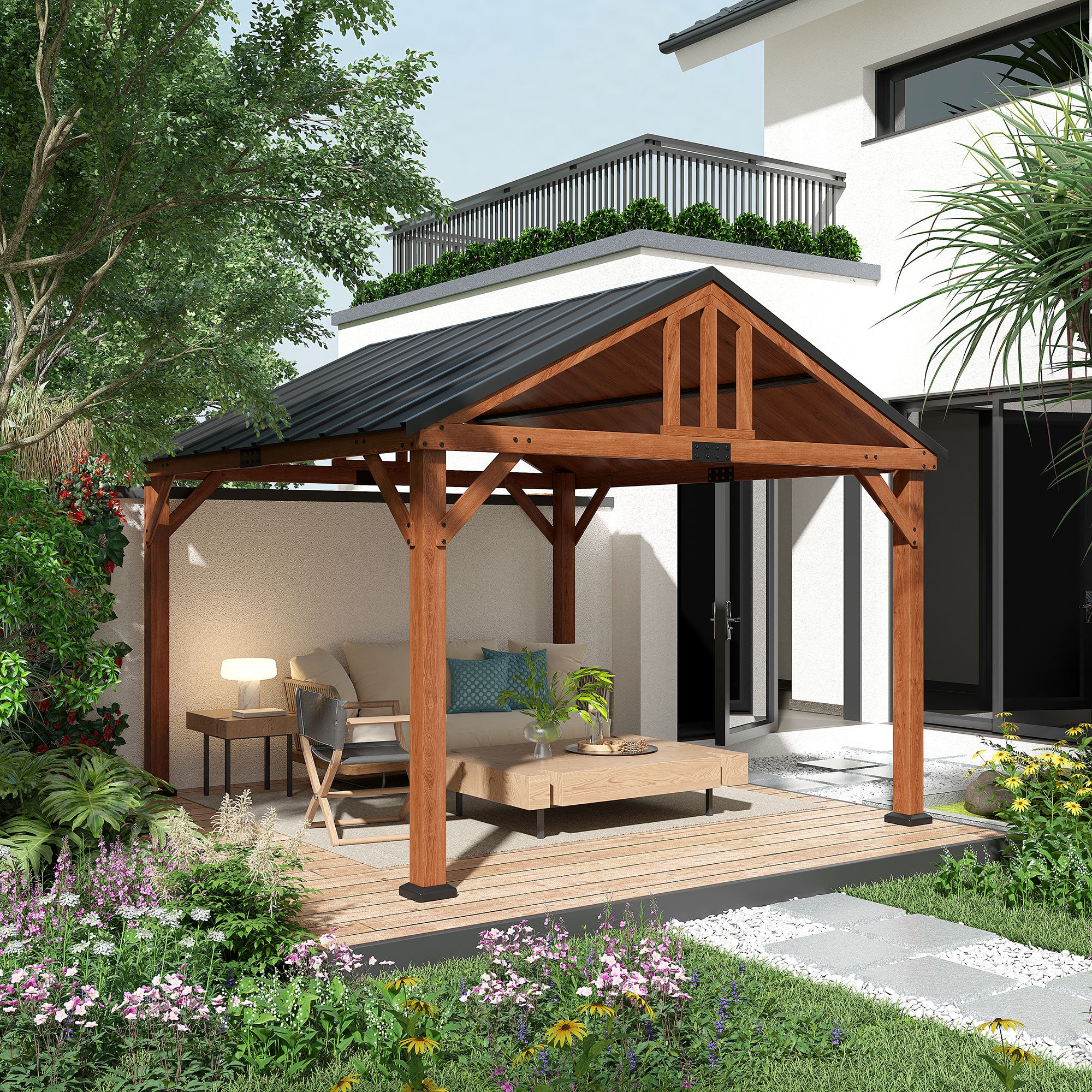11' x 12' Hardtop Gazebo with Wooden Frame and Waterproof Asphalt Roof, Permanent Pavilion Gazebo - View 2