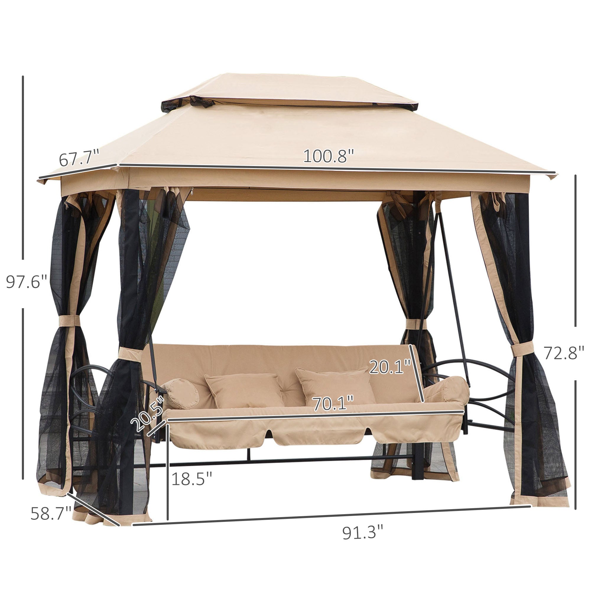 3-Seat Patio Swing Chair, Outdoor Gazebo Swing with Double Tier Canopy, Mesh Sidewalls, Cushioned - View 3