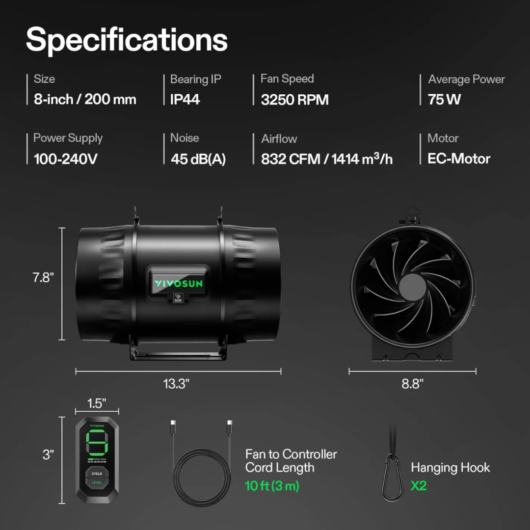 Vivosun AeroZesh T8 Inline Fan 8″ with E12 Speed Controller, PWM-Controlled EC Fan for Grow Tent Ventilation