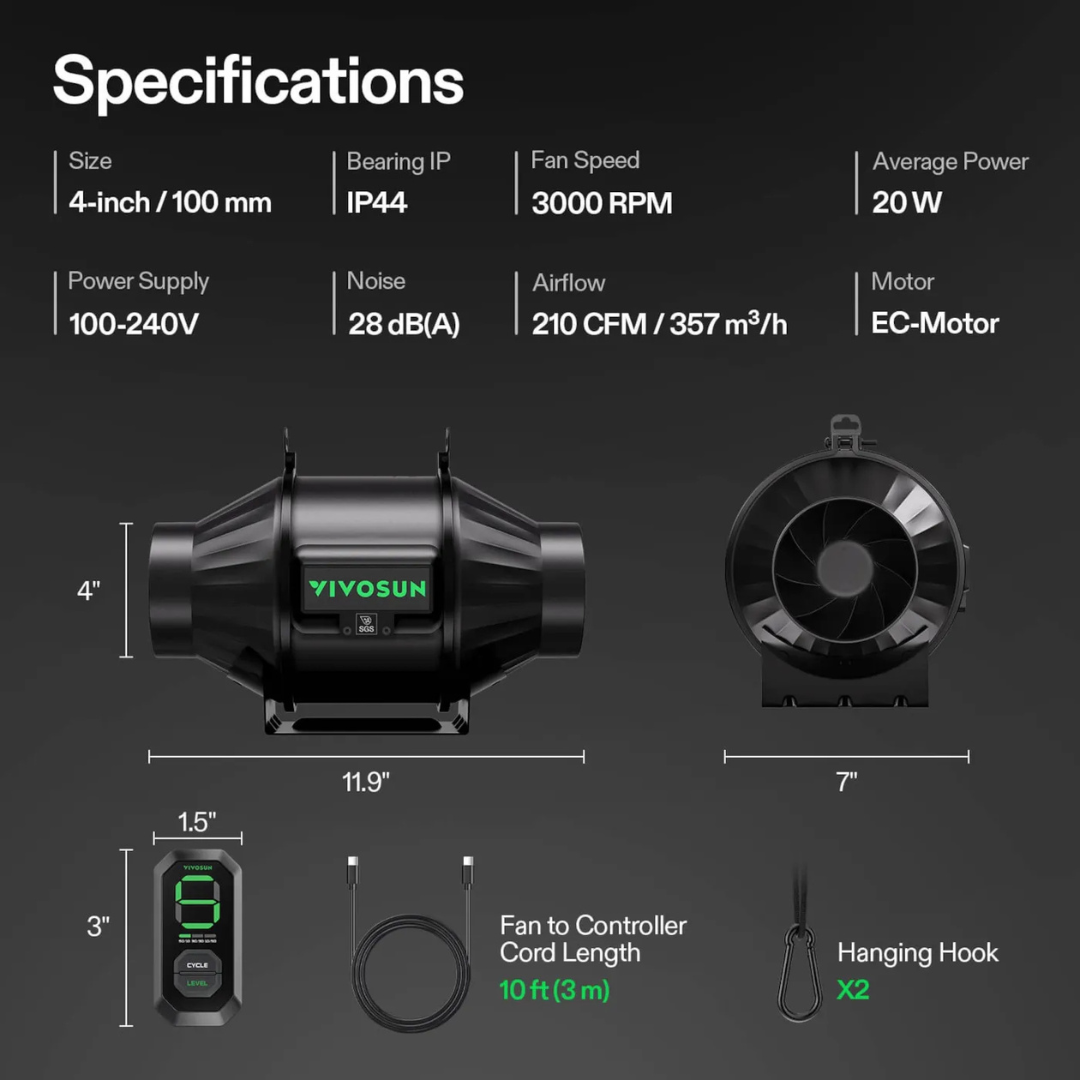 Vivosun AeroZesh T4 Inline Fan 4″ with E12 Speed Controller, PWM-Controlled EC Fan for Grow Tent Ventilation