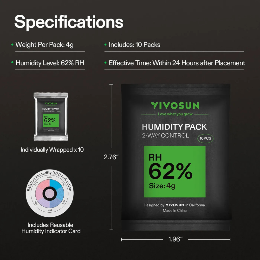 Vivosun 62% RH Two-Way Humidity Control Packs, 10 Packs, Each for Storing 1 oz, Moisture Balancer with RH Indicator Card for Food & Herb Storage