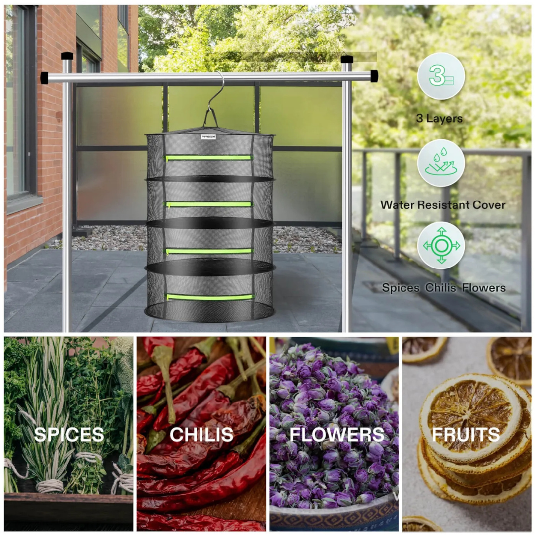 Vivosun 4-Layer Mesh Drying Rack Hanging Design with Green Zippers