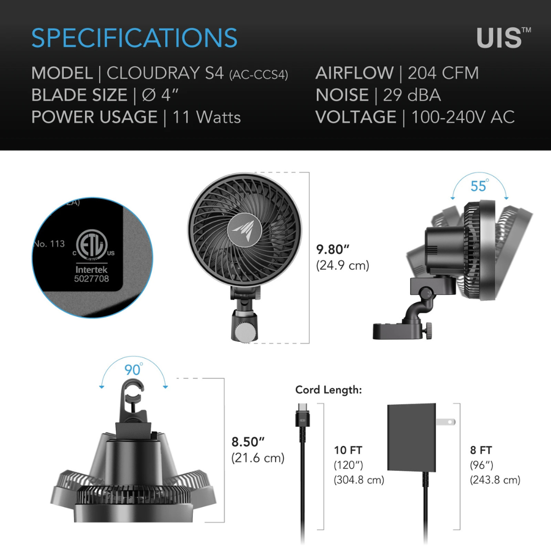 AC Infnity CLOUDRAY S4, Grow Tent Clip Fan 4" with 10 Speeds and Dynamic Wind