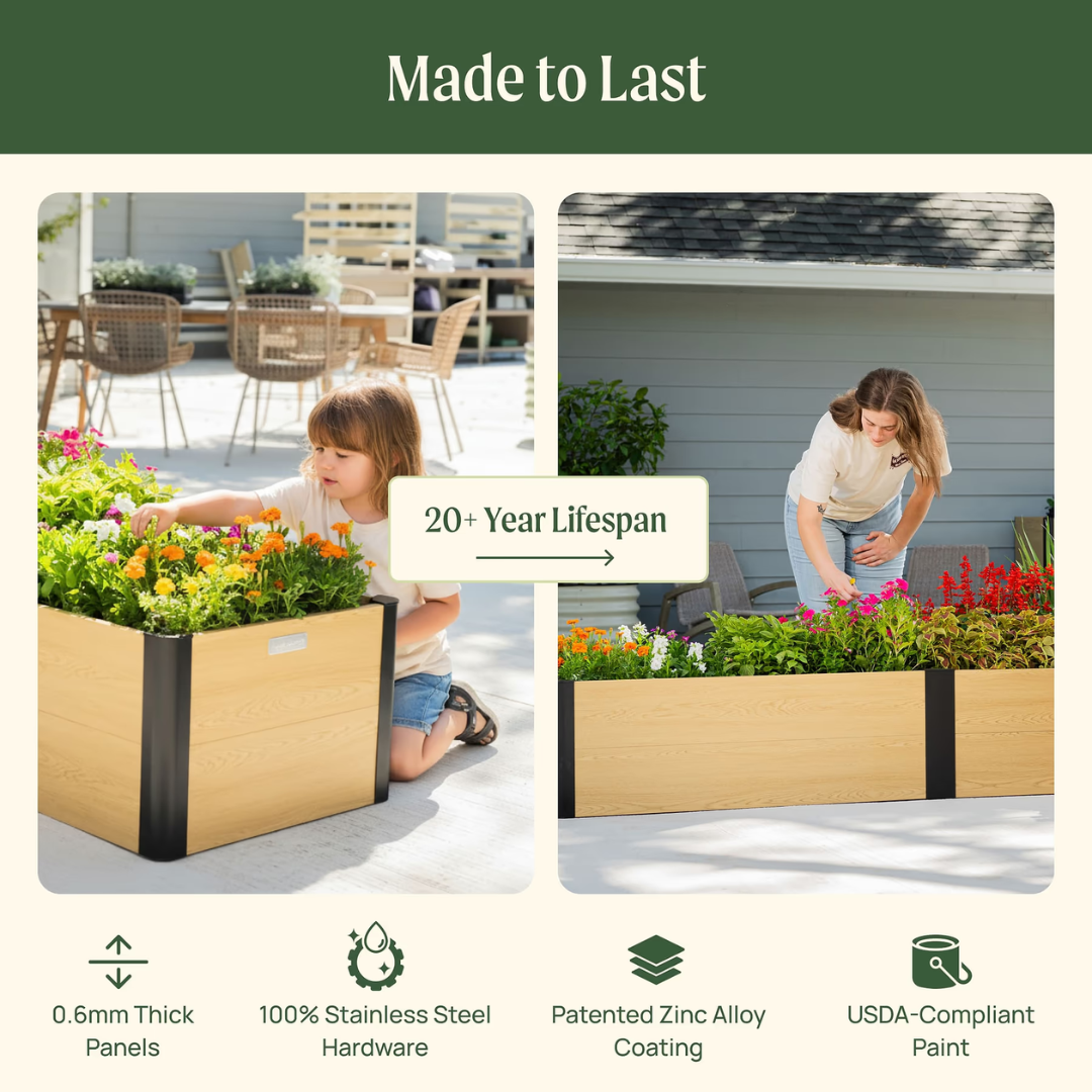 Vego 16" Tall Woodgrain 8' x 8' L-Shaped Metal Raised Garden Bed