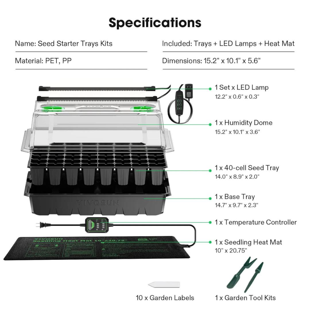 Vivosun 1-Pack 40-Cell Seed Starter Trays with 1 Set of LED Lights and 10"x20.75" Seedling Heat Mat