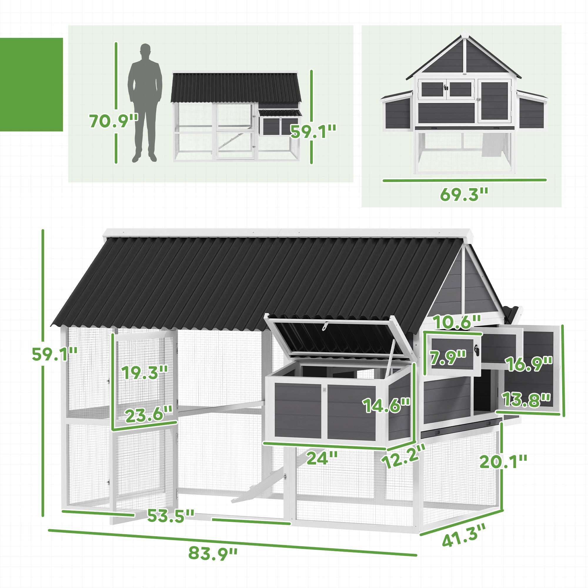 Wooden Chicken Coop with Run, 2 Nesting Boxes, 2 Roosting Bars, Ramp & Tray, Poultry Cage for 6-8 - View 2