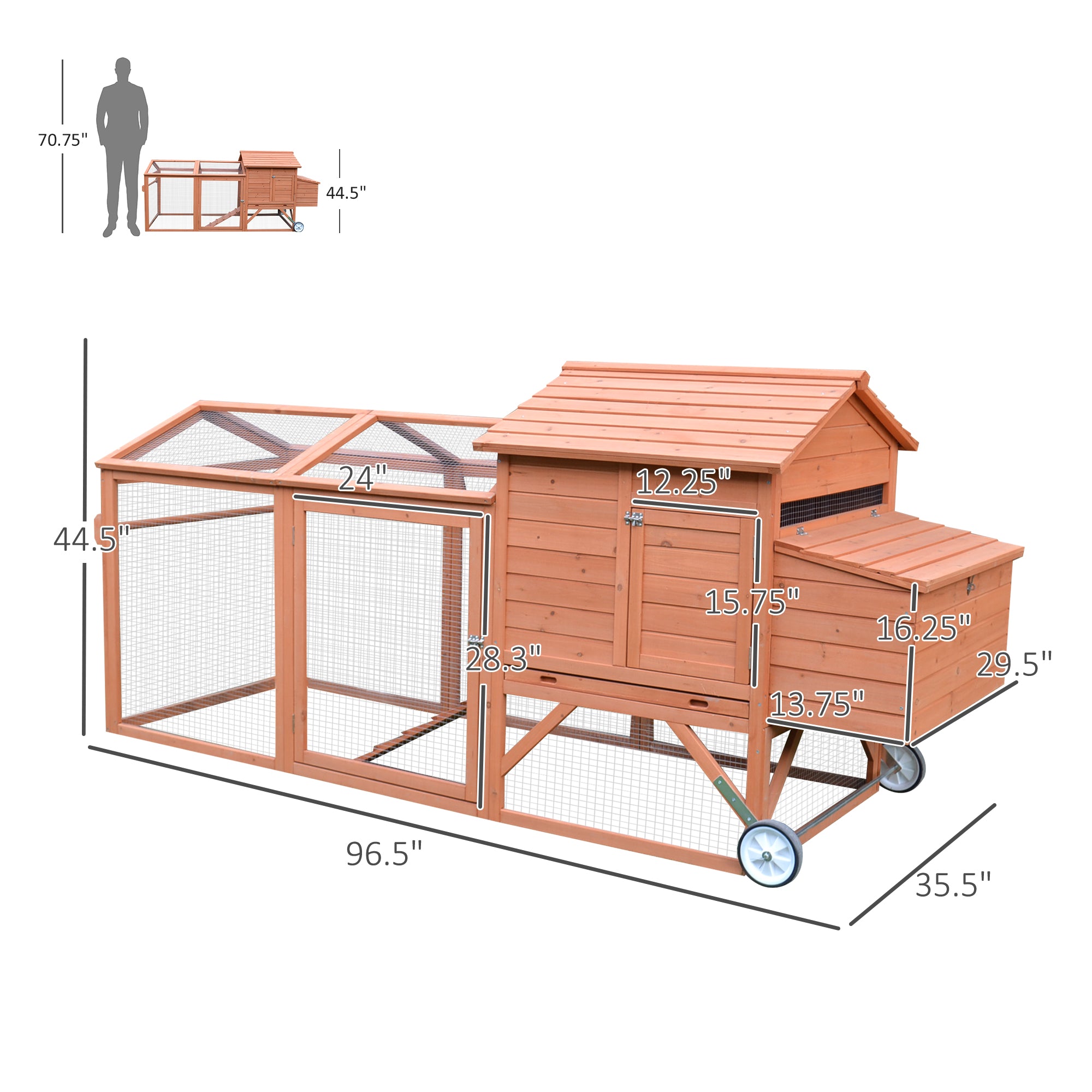 96.5" Chicken Coop Wooden Hen House Poultry Cage Pen Portable with Wheels and Nesting Box, Chicken - View 2
