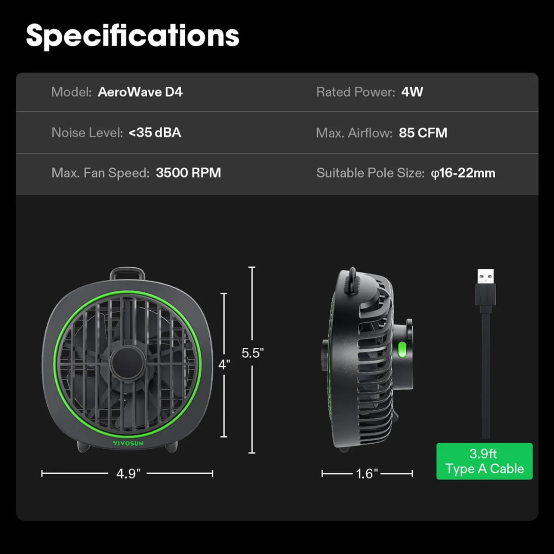 Vivosun AeroWave D4, 4” Grow Tent Clip Fan with Detachable Hook, Black