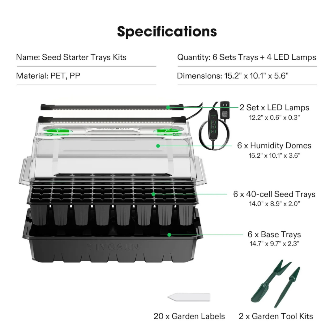 Vivosun 6-Pack Seed Starter Trays, 240-Cell Seed Starter Kit with 2 Set of LED Lights