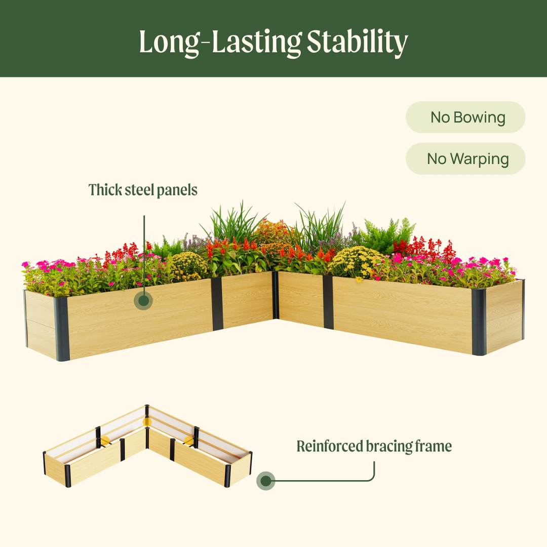 Vego 16" Tall Woodgrain 8' x 8' L-Shaped Metal Raised Garden Bed