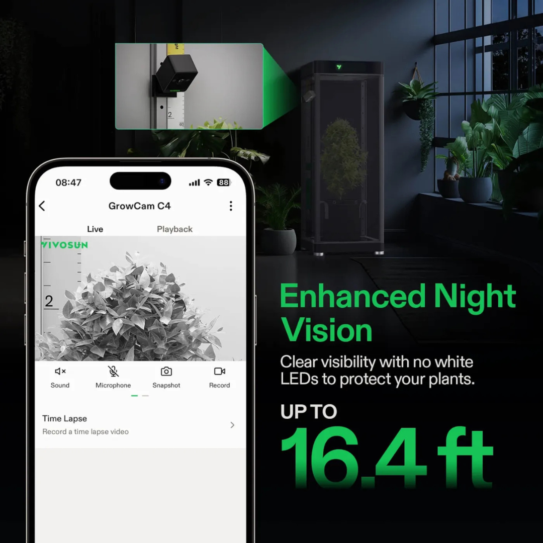 Vivosun GrowCam C4, 2K QHD WiFi Smart Camera for Grow Tent & VGrow Smart Grow Box, Timelapse, Night Vision, SD Card Storage, 2-Way Audio, App Control
