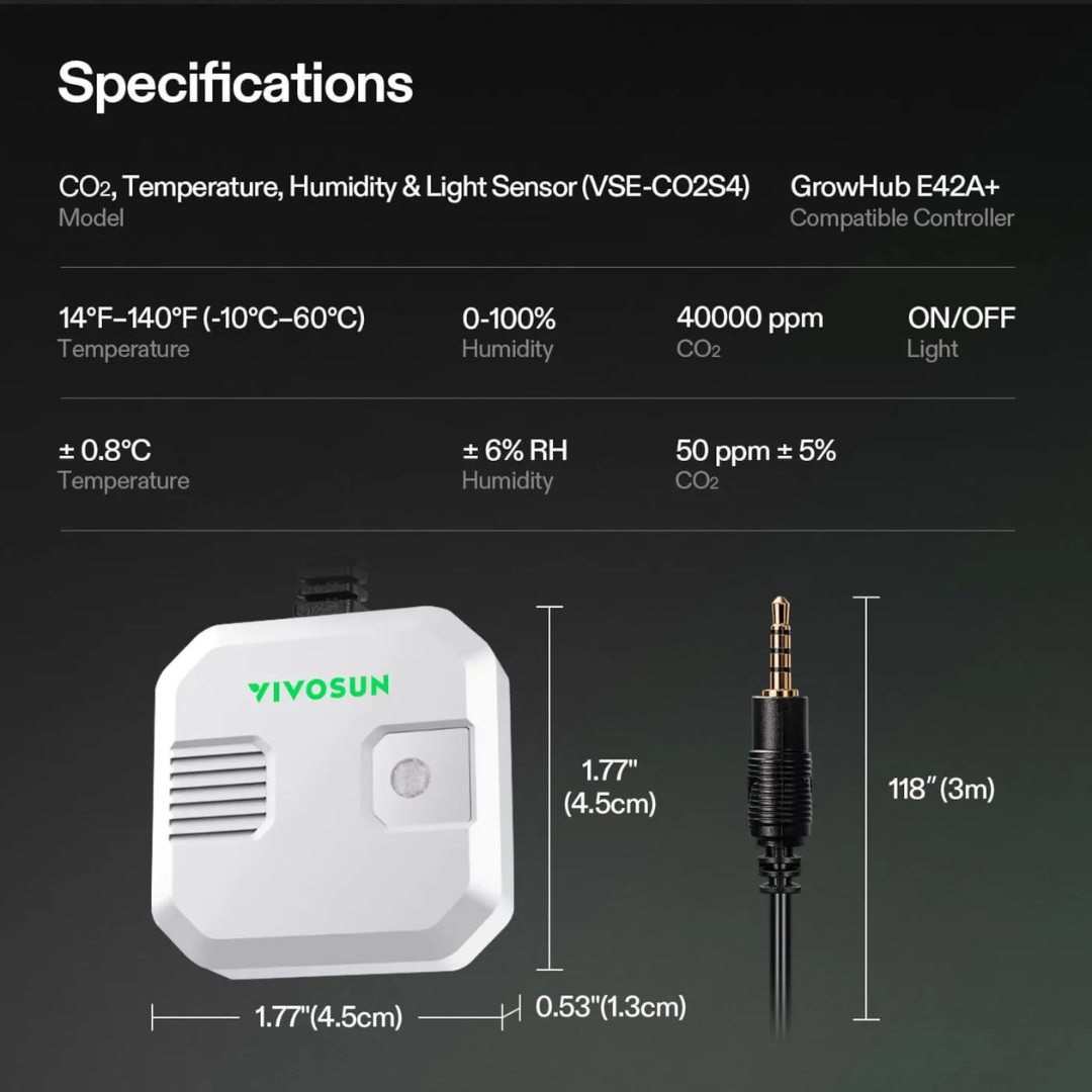 Vivosun 4-in-1 Sensor, Temperature and Humidity Monitoring with CO₂ and Light Detection, Compatible with GrowHub E42A+