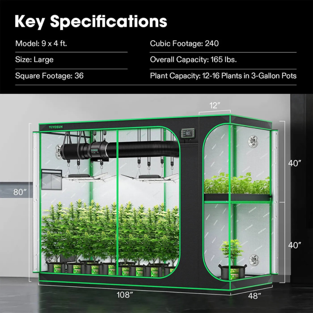 Vivosun 2-in-1 Grow Tent 4x9 D948, 12-16 Plants Use, with Multi-Chamber, 48″ x 108″ x 80″, For Indoor Plants Growing