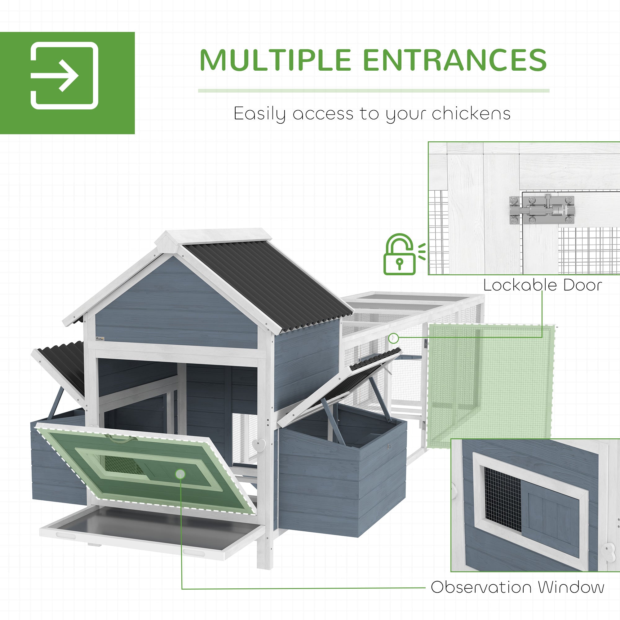 156" Extra Large Wooden Chicken Coop with 2 Nesting Box, Run Cage, Waterproof Wave Roof, for 10-15 - View 4