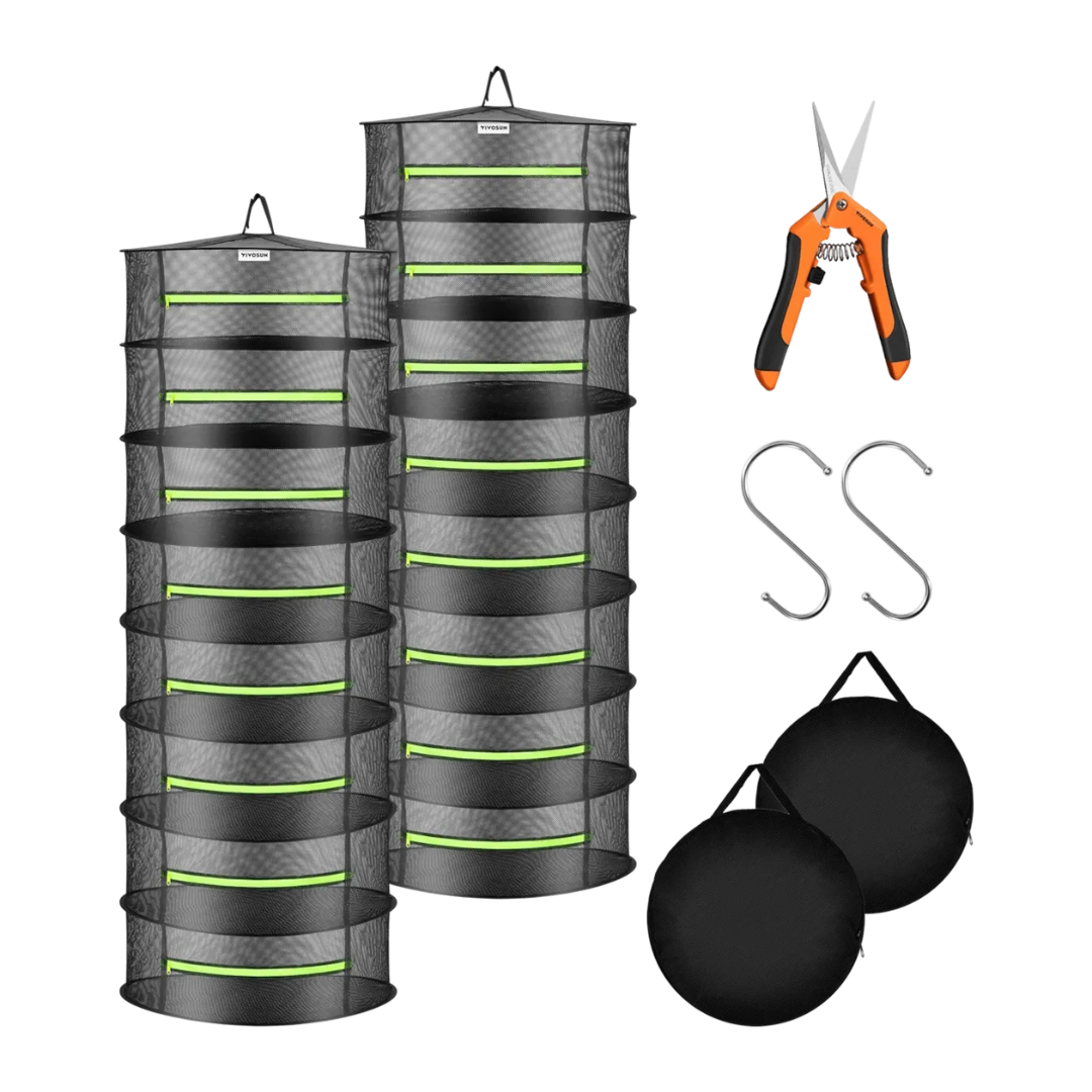 Vivosun 8-Layer Mesh Drying Rack Hanging Design with Green Zippers