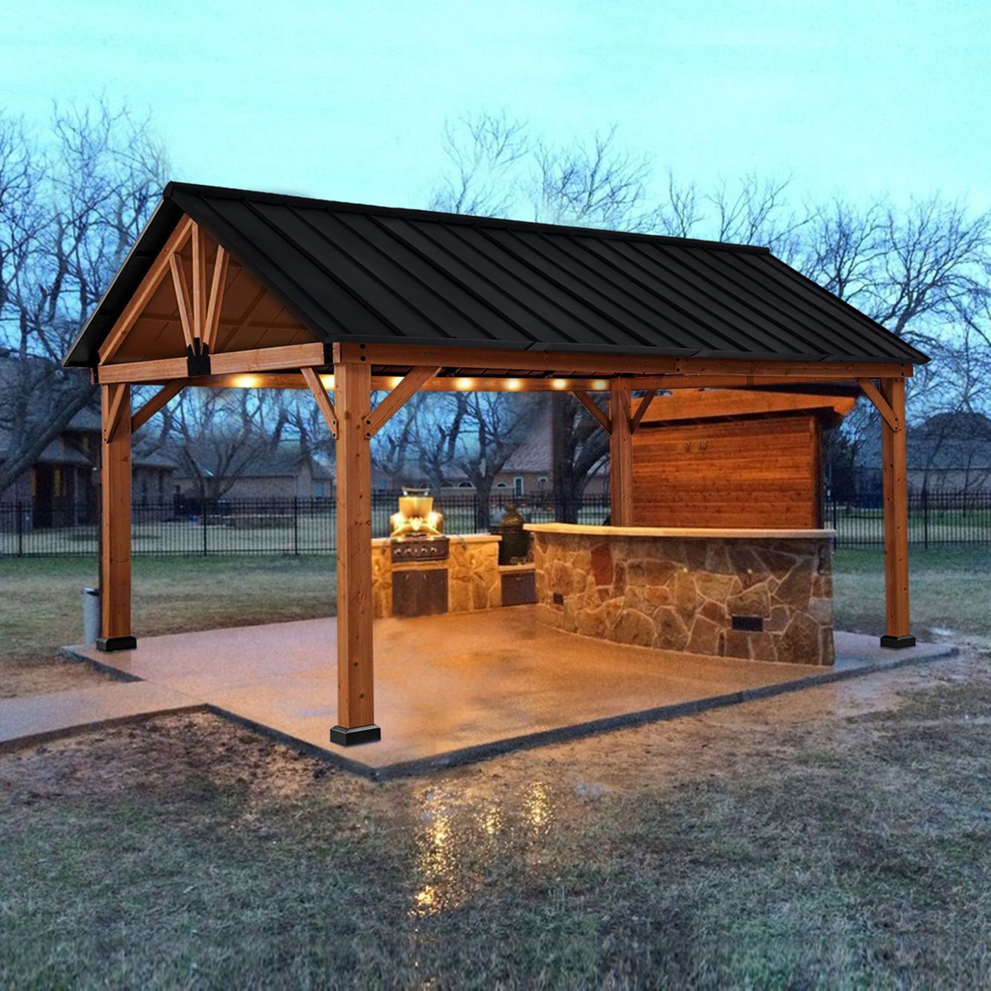 11' x 13' Hardtop Gazebo with Galvanized Steel Roof, Wooden Frame, Permanent Pavilion Outdoor - View 2
