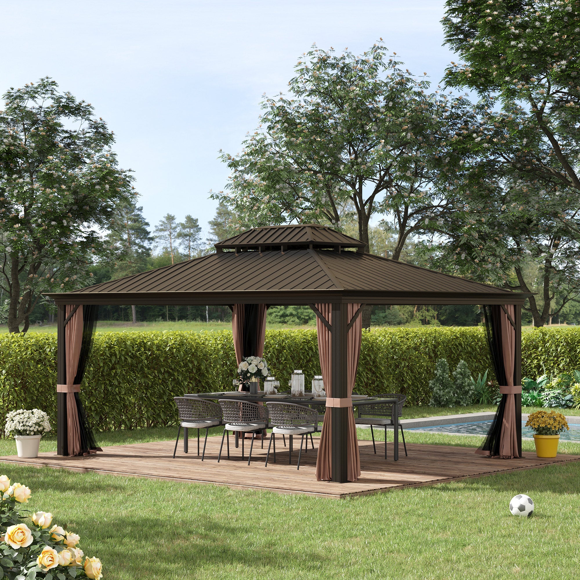 12' x 16' Hardtop Gazebo with Curtains and Netting, Permanent Pavilion Metal Double Roof Gazebo - View 2