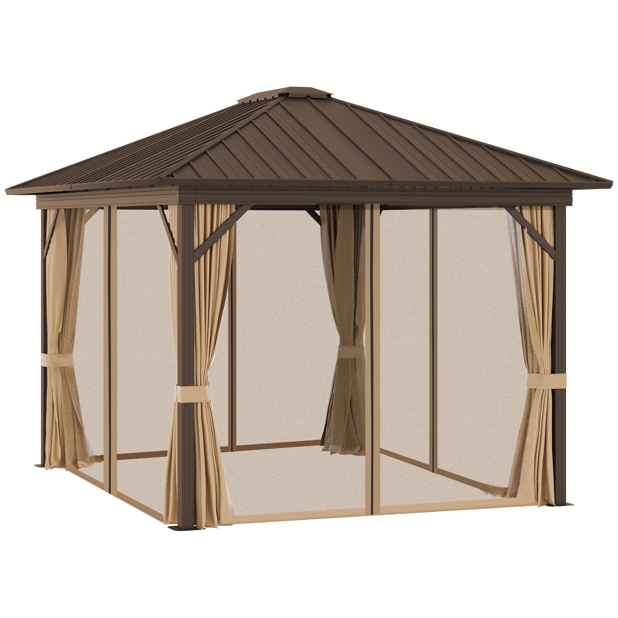 10' x 12' Hardtop Gazebo with Curtains and Netting, Permanent Pavilion Metal Single Roof Gazebo - View 8
