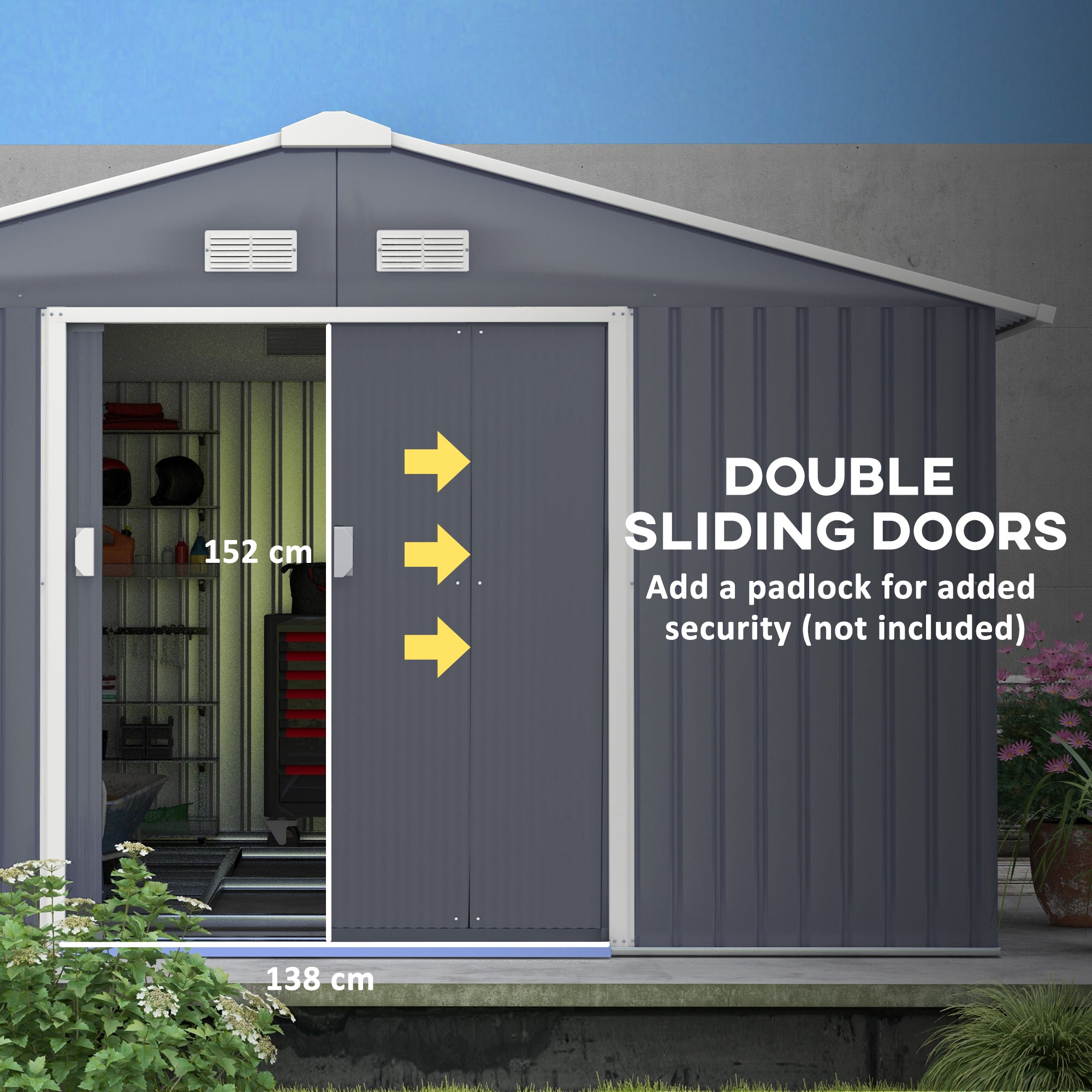 11' x 13' Garden Metal Shed, Storage Shed Utility Storage with Double Locking Doors for Bike, Yard - View 6