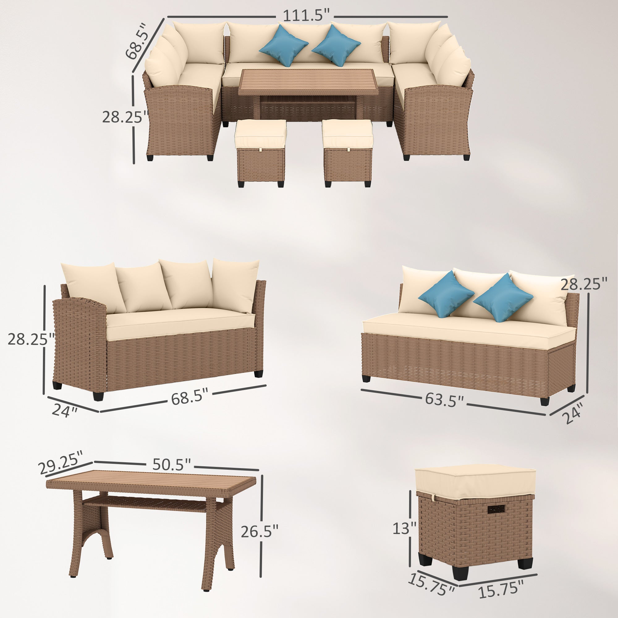 6 Piece Patio Furniture Set, PE Wicker Outdoor Furniture Conversation Set with 3 Sofas, 2 Ottomans - View 3