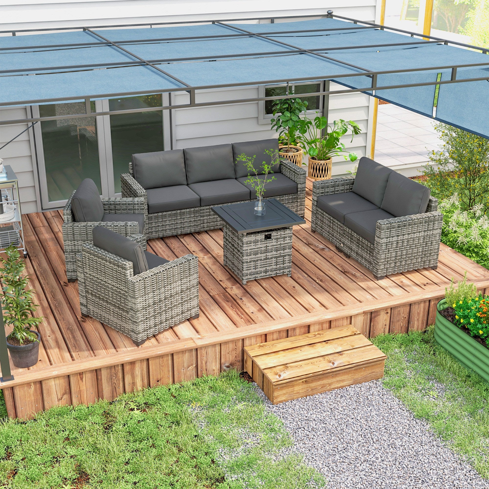 Patio Furniture Set, Cushions, Sofa, Loveseat, Fire Pit Table, Gray - View 2