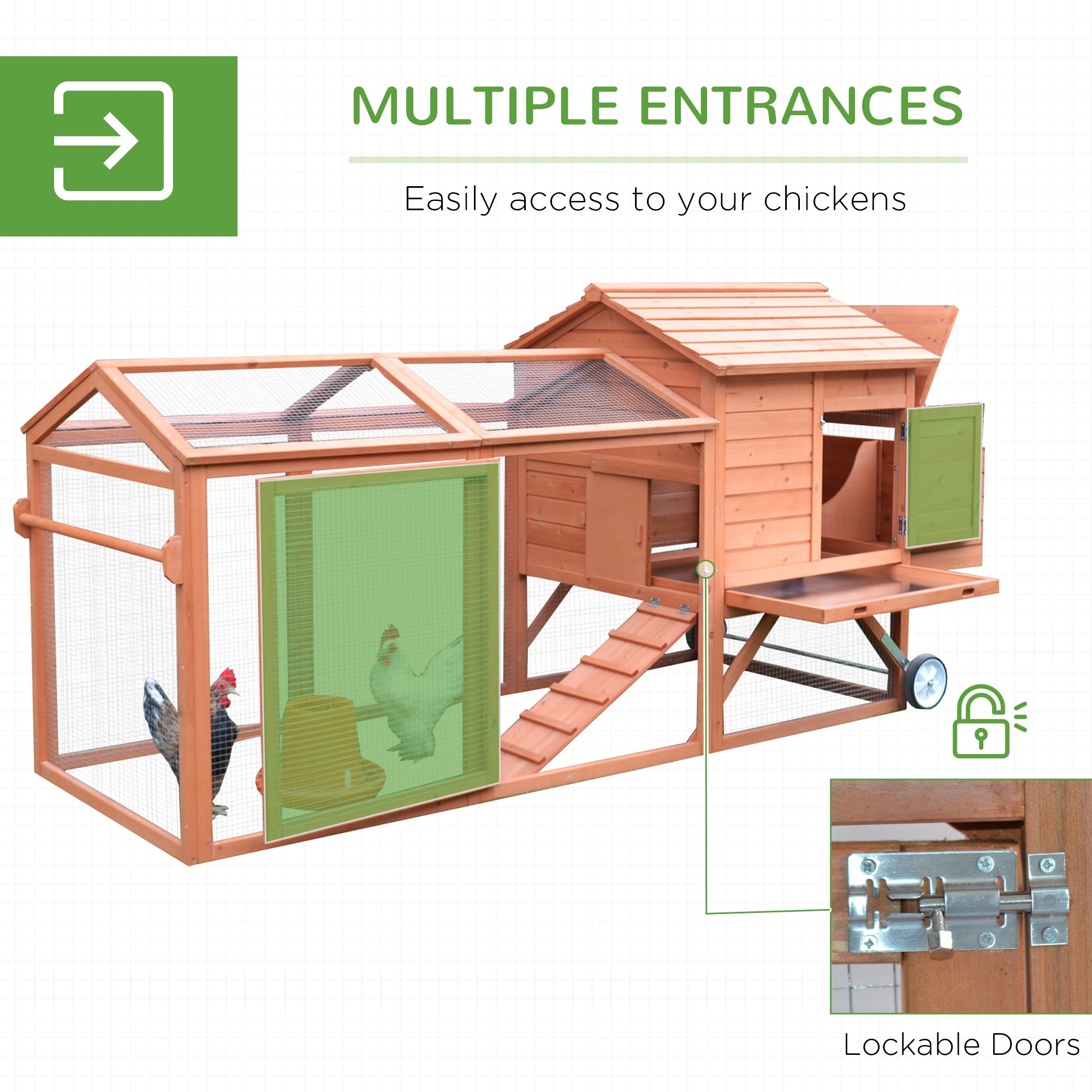 96.5" Chicken Coop Wooden Hen House Poultry Cage Pen Portable with Wheels and Nesting Box, Chicken - View 3