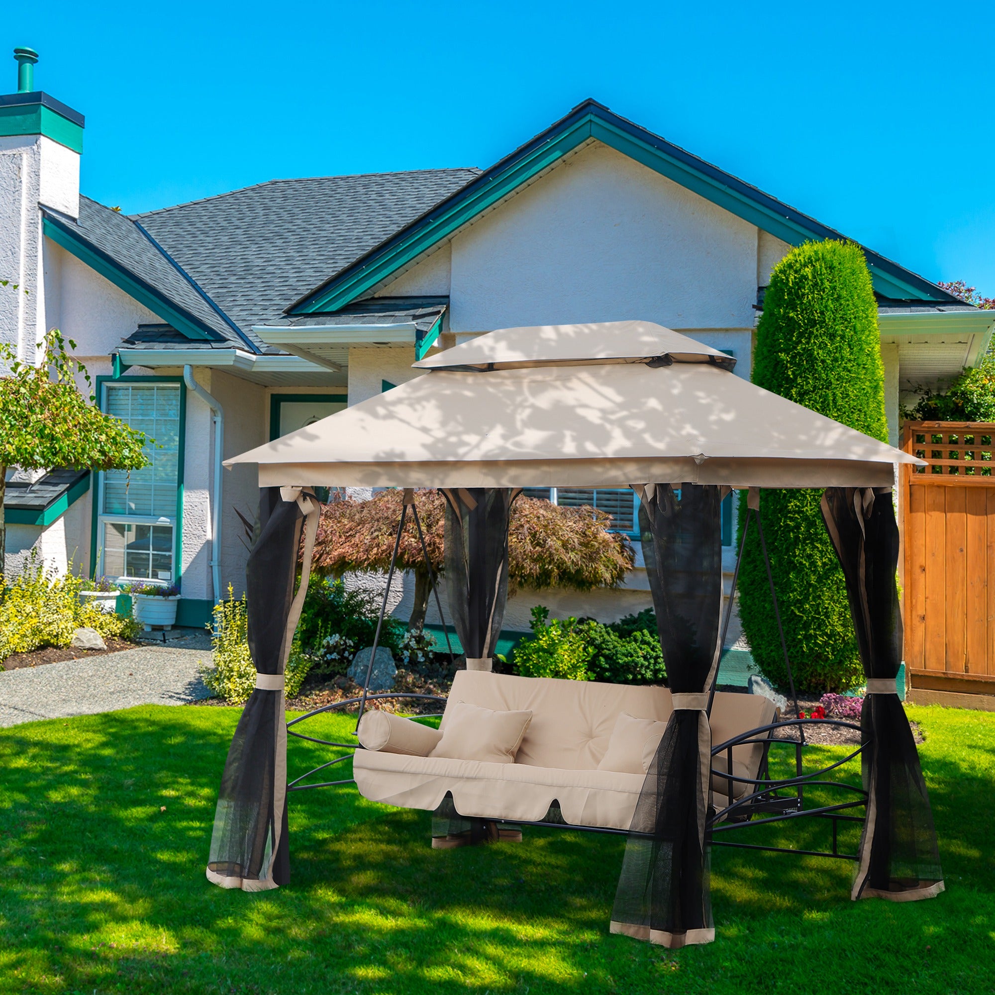 3-Seat Patio Swing Chair, Outdoor Gazebo Swing with Double Tier Canopy, Mesh Sidewalls, Cushioned - View 2