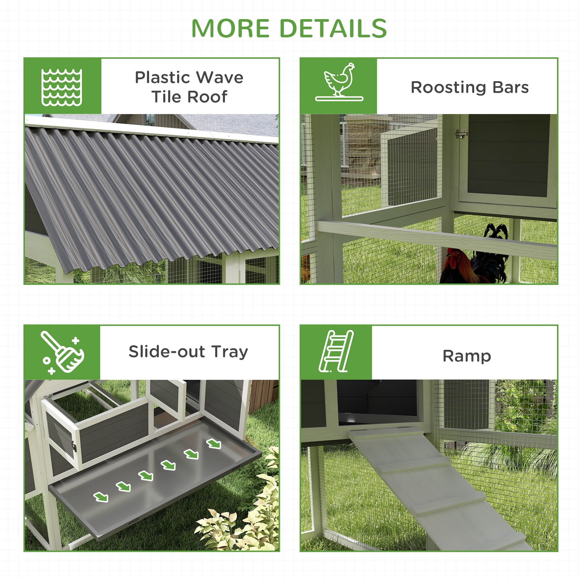 Wooden Chicken Coop with Run, 2 Nesting Boxes, 2 Roosting Bars, Ramp & Tray, Poultry Cage for 6-8 - View 5