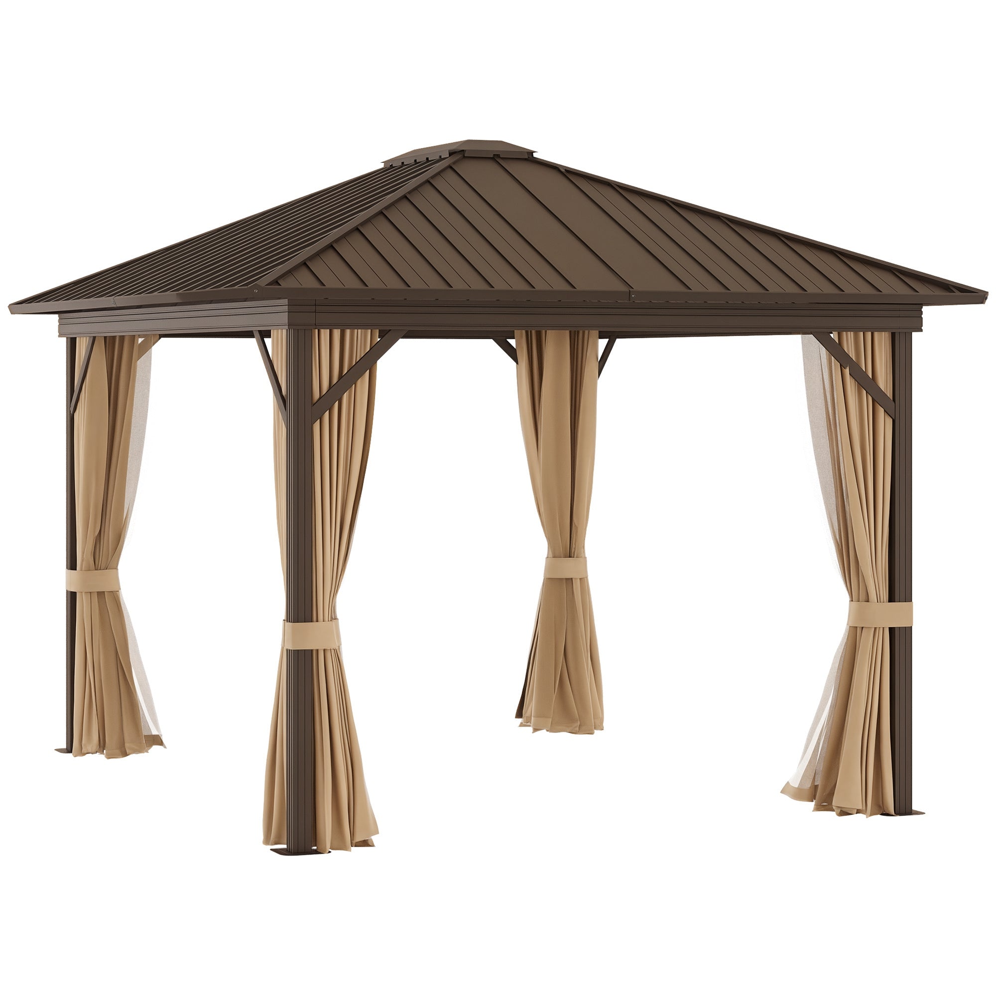 10' x 12' Hardtop Gazebo with Curtains and Netting, Permanent Pavilion Metal Single Roof Gazebo