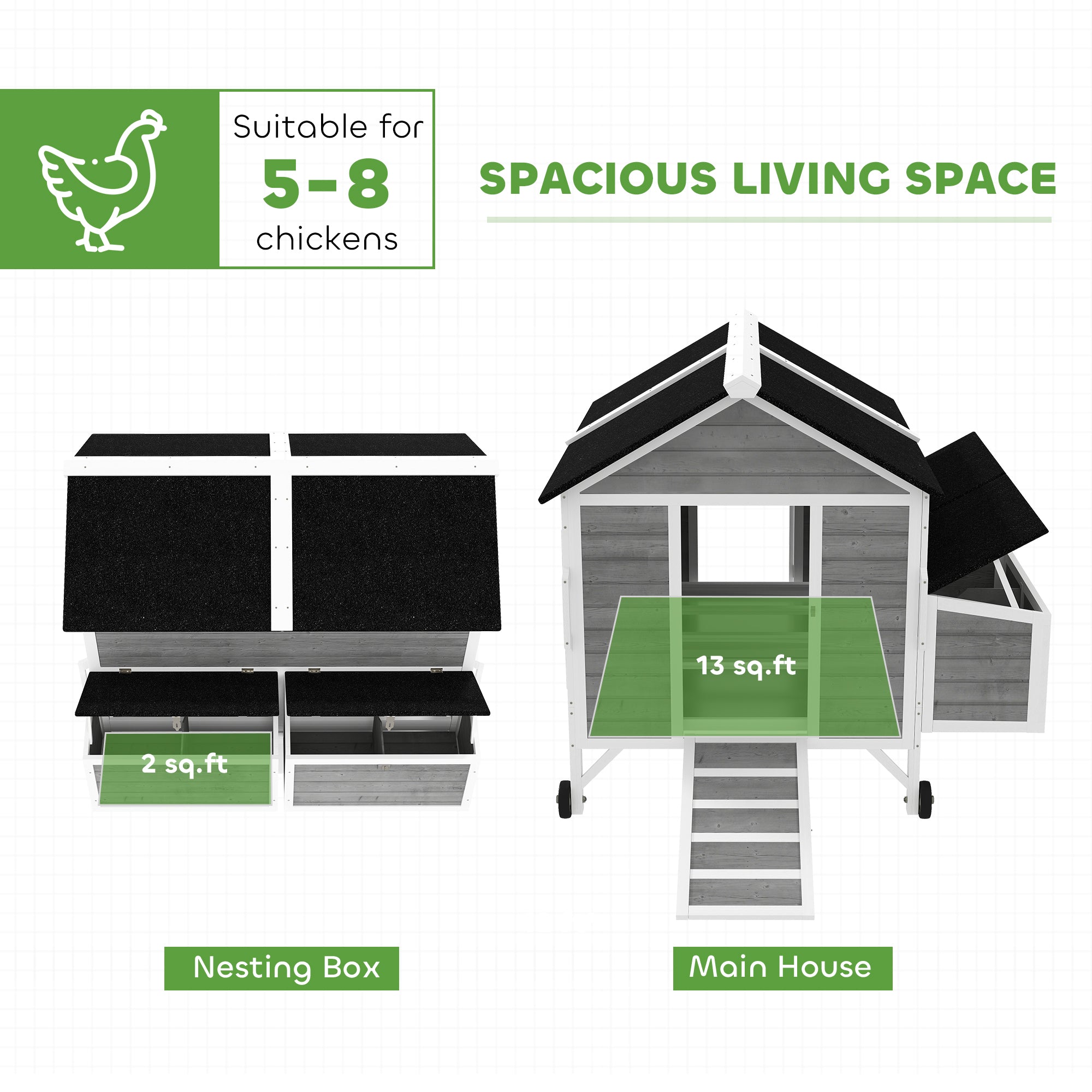 59" Wooden Chicken Coop w/ Wheels, Handles, 2 Nesting Boxes, 2 Trays, 4 Perches, Chicken Tractor - View 3