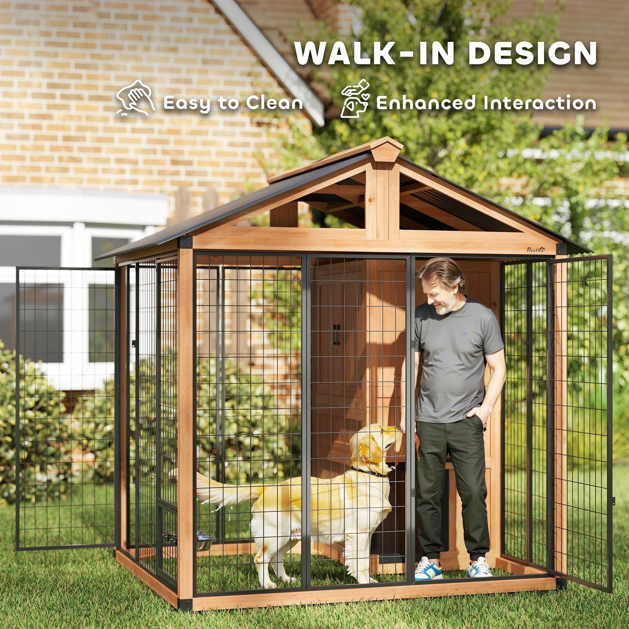 7' x 6' Extra Large Dog House, Wood Outdoor Dog Kennel with Storage Cabinet, Stainless Steel Bowls, - View 5