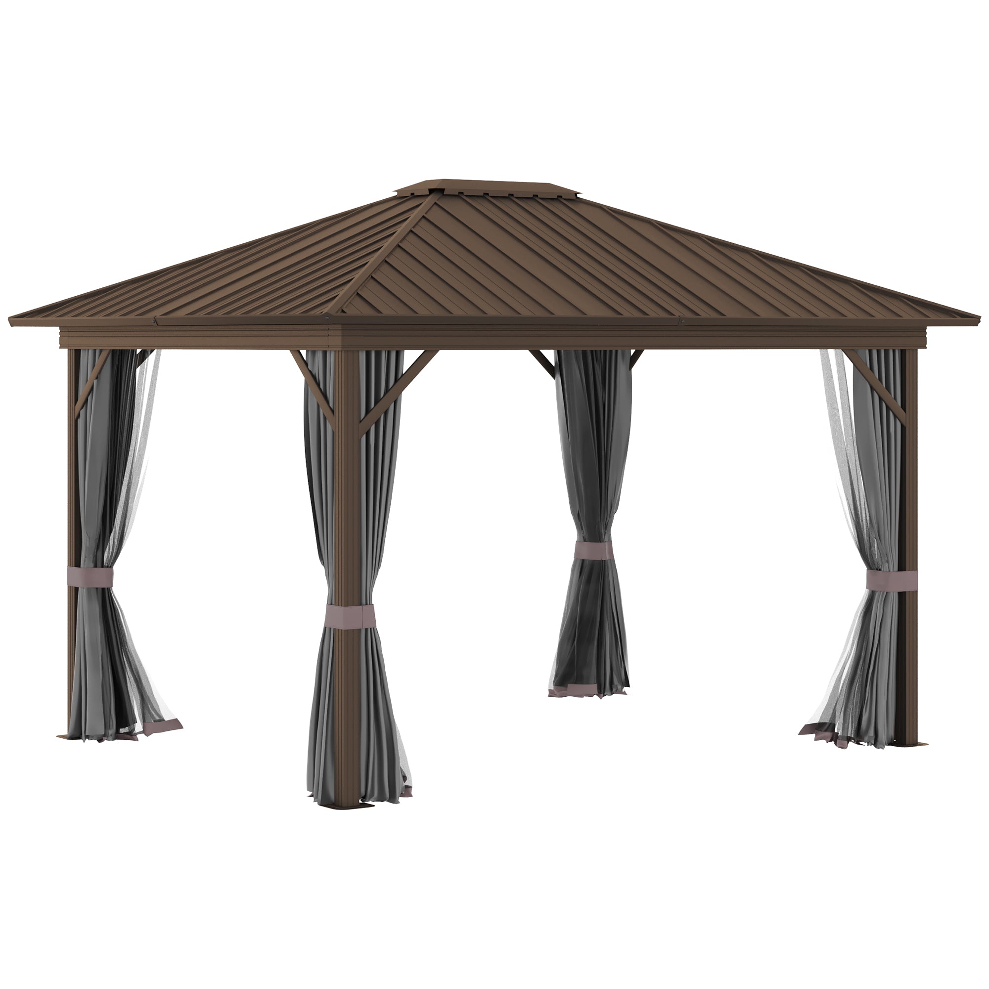 10' x 12' Hardtop Gazebo with Curtains and Netting, Permanent Pavilion Metal Single Roof Gazebo