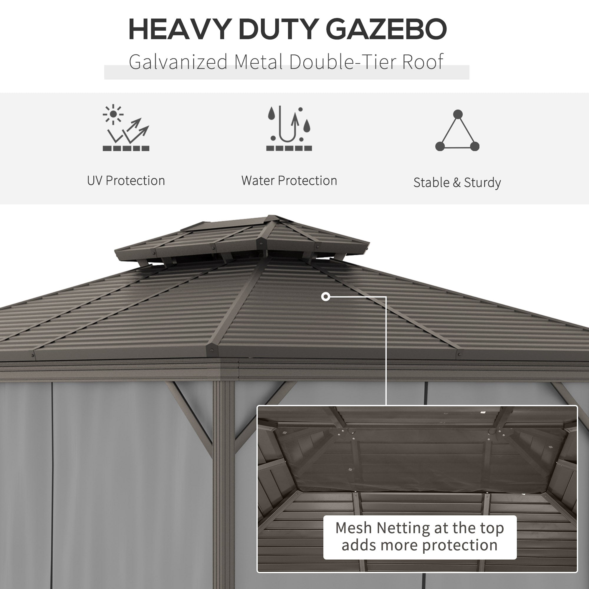 10' x 12' Hardtop Gazebo with Curtains and Netting, Permanent Pavilion Metal Double Roof Gazebo - View 4