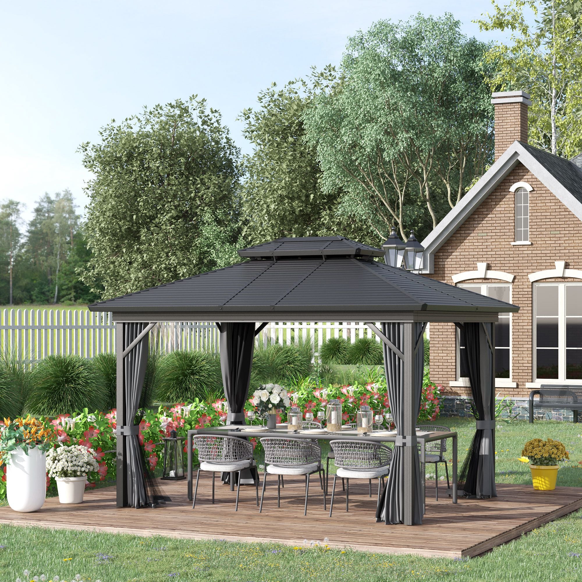 10' x 12' Hardtop Gazebo with Curtains and Netting, Permanent Pavilion Metal Double Roof Gazebo - View 2