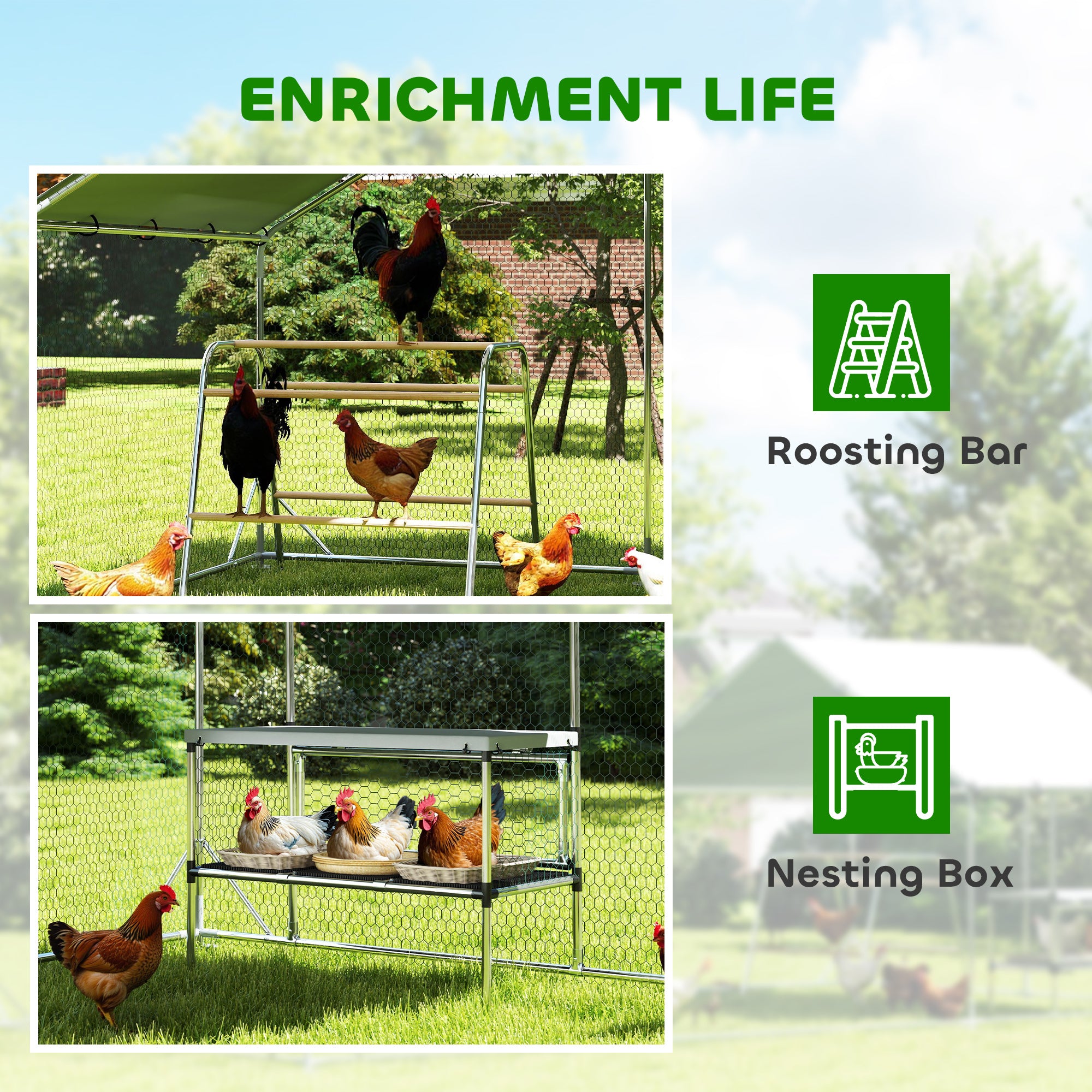 Large Metal Chicken Coop with Waterproof Cover, Roosting Bar, Nesting Box, 9.8' x 19.7' x 6.4' - View 3