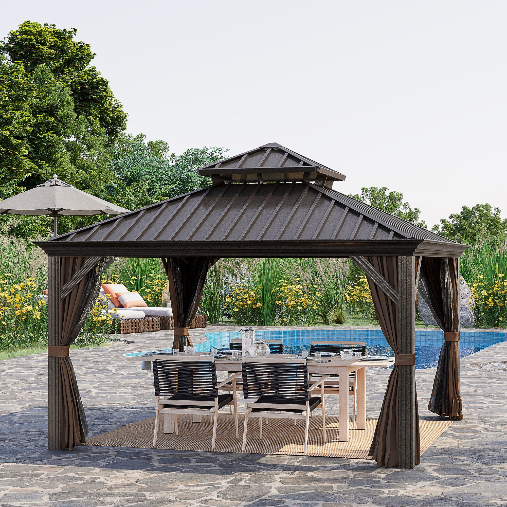 12' x 12' Hardtop Gazebo with Curtains and Netting, Permanent Pavilion Metal Double Roof Gazebo - View 2
