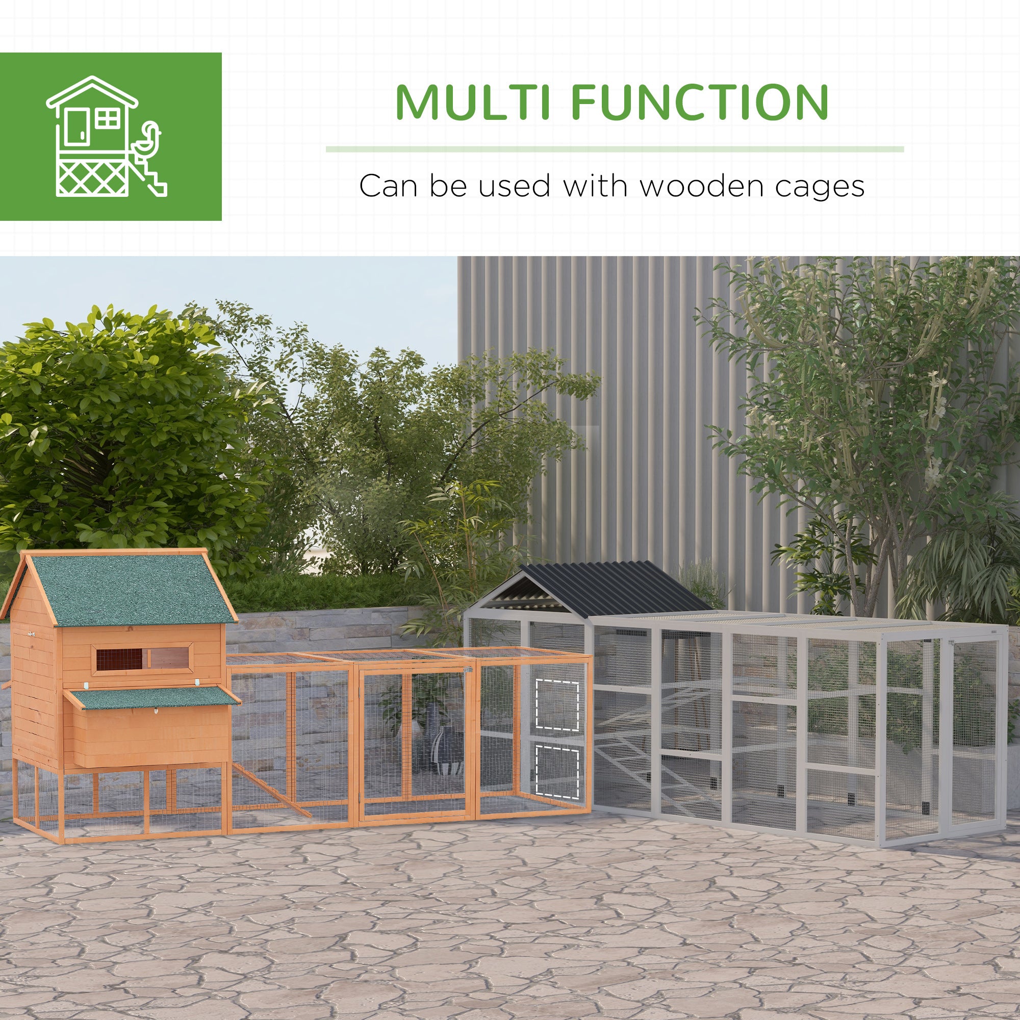 Wooden Chicken Coop Run for 6 - 10 Chickens, Hen House Add-On with Storage, Perches, 141.75" x 48" - View 3