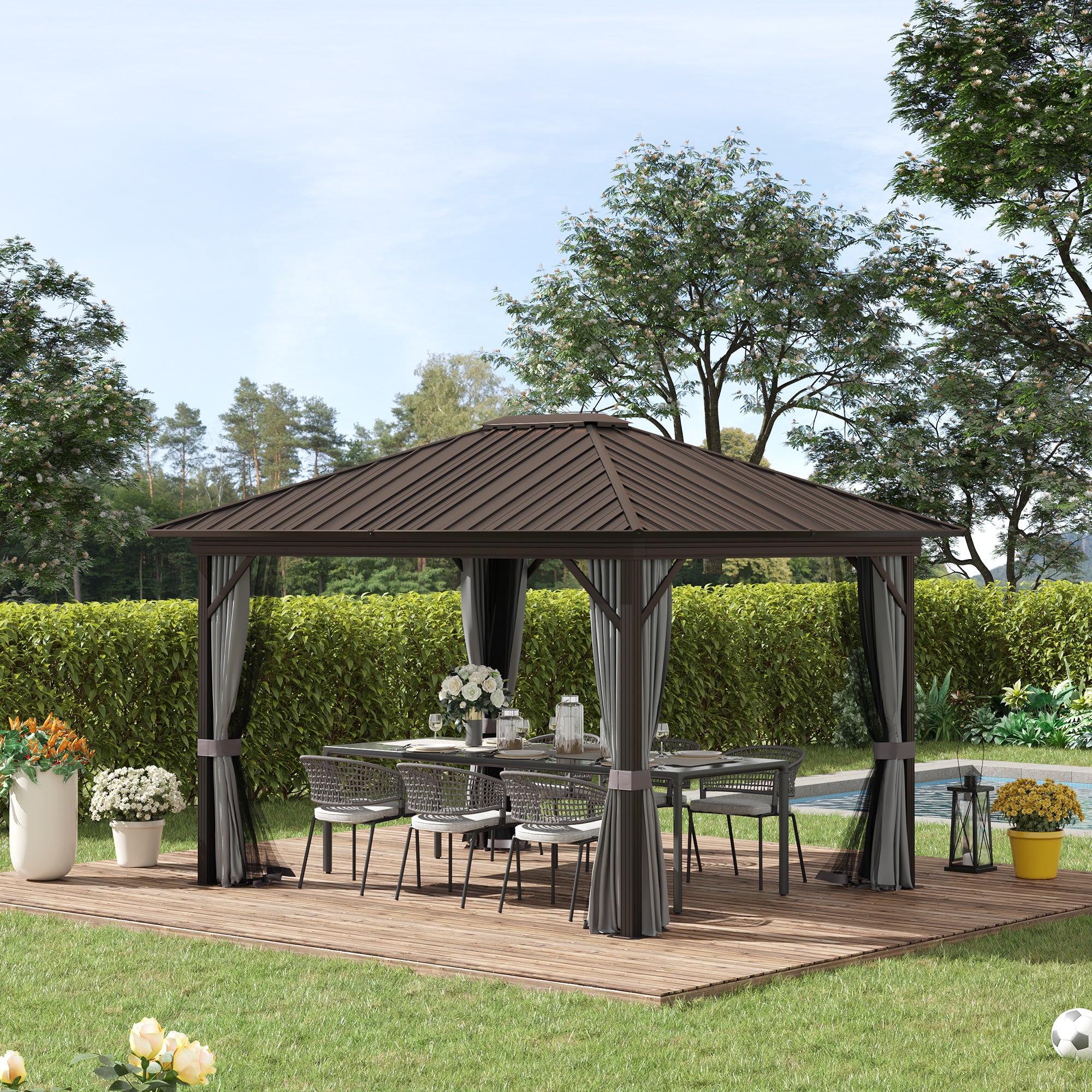 10' x 12' Hardtop Gazebo with Curtains and Netting, Permanent Pavilion Metal Single Roof Gazebo - View 2