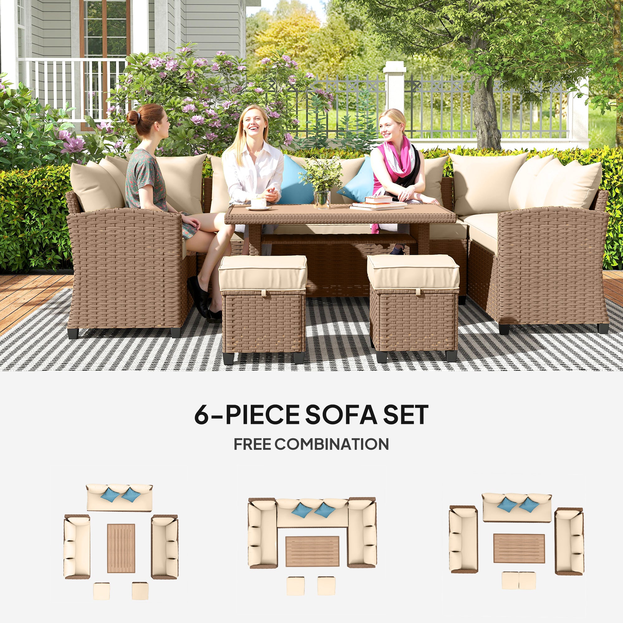 6 Piece Patio Furniture Set, PE Wicker Outdoor Furniture Conversation Set with 3 Sofas, 2 Ottomans - View 7