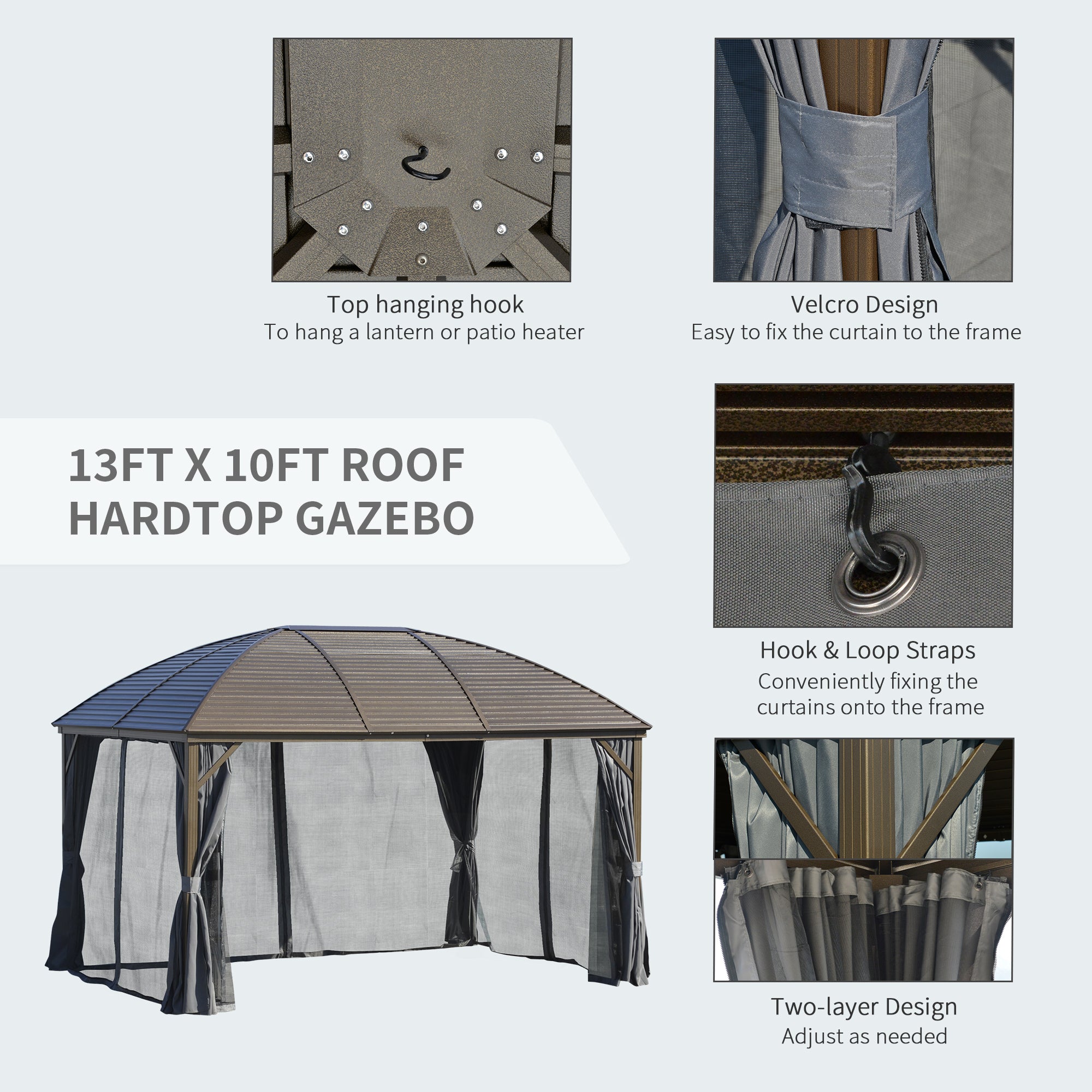10' x 13' Hardtop Gazebo with Curtains, Netting, Pavilion with Steel Roof Ceiling Hook for Garden - View 6