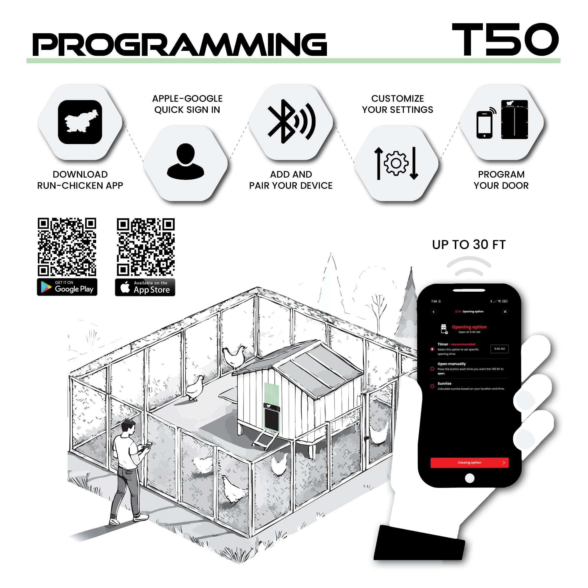 RUN-CHICKEN T50 Automatic Coop Door with Bluetooth – Mint (Special Edition)