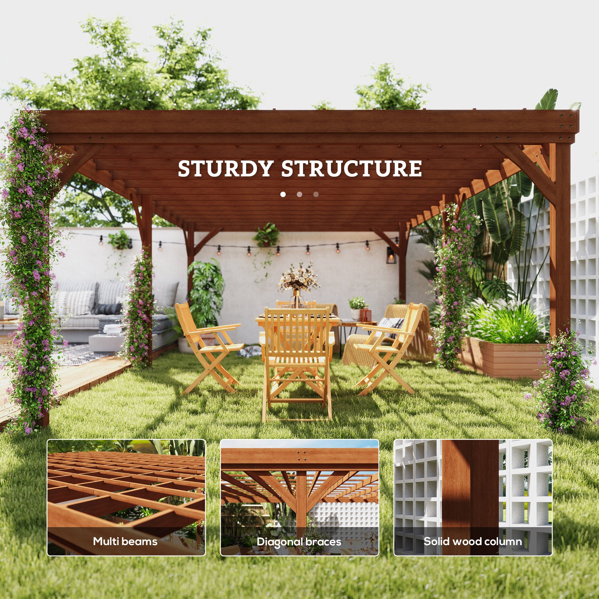 12' x 20' Outdoor Wooden Pergola, Grape Vine Gazebo with Concrete Anchors for Garden, Patio, - View 4