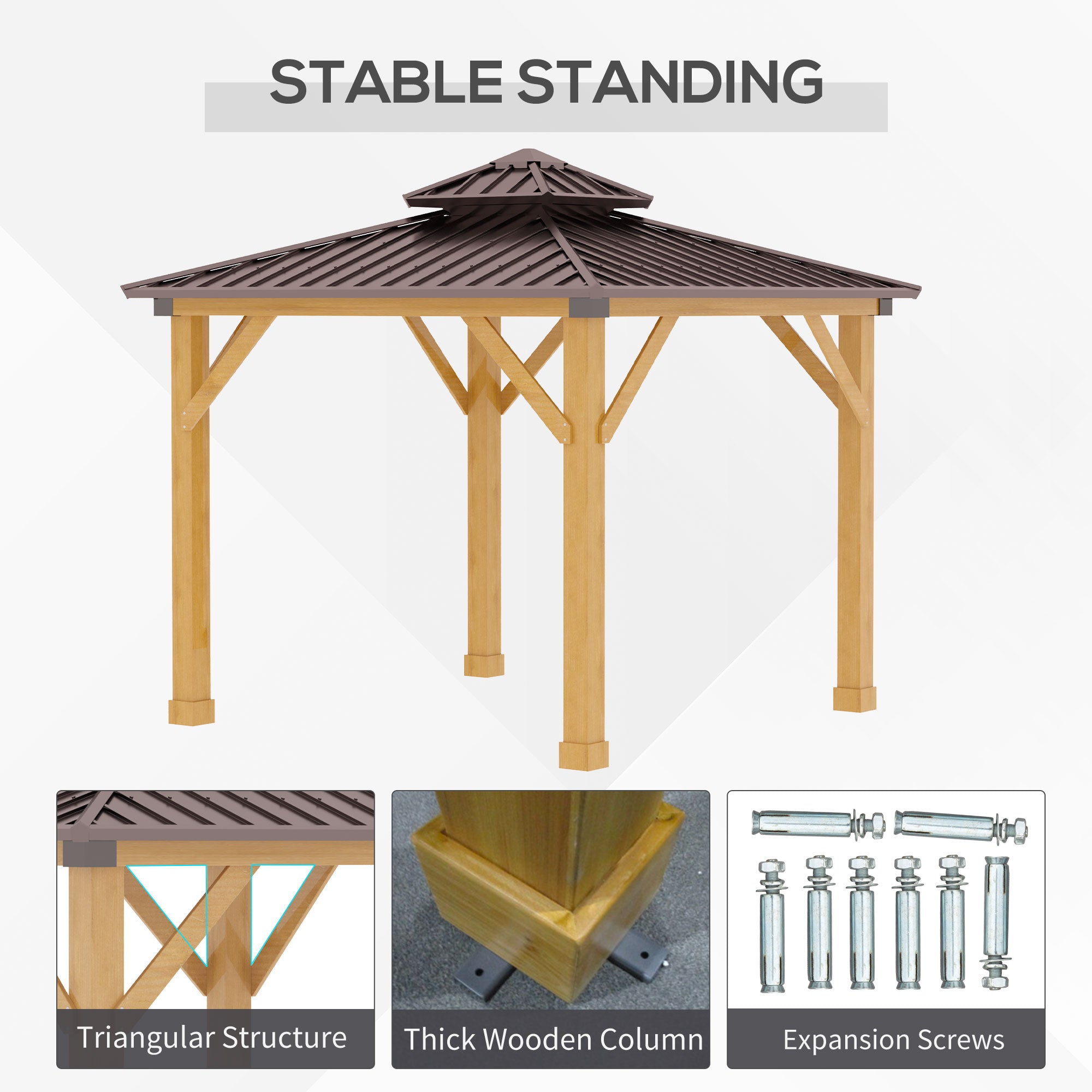 10' x 10' Hardtop Gazebo with Galvanized Steel Double Roof, Wooden Frame, Permanent Pavilion with - View 5