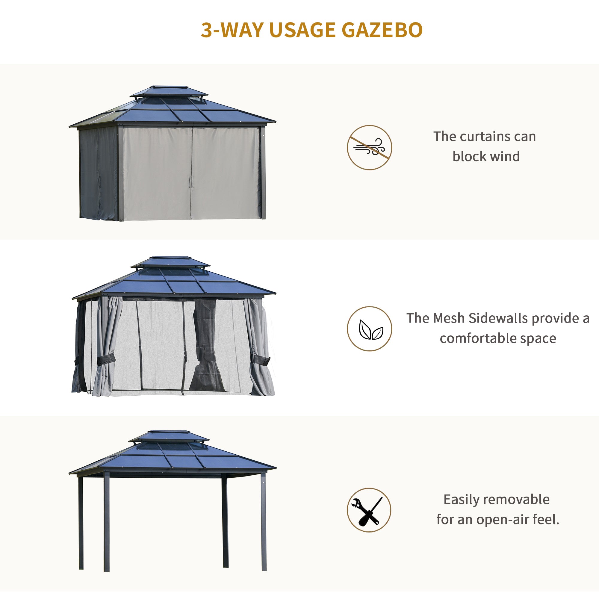 10' x 12' Hardtop Gazebo Canopy with Polycarbonate Roof, Aluminum Frame, Permanent Pavilion Outdoor - View 7
